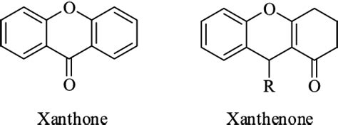 Xanthone and xanthenone base structure (R = aromatic or alkyl group ...