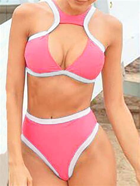 Sexy Contrast Binding Cut Out Bikini Swimsuit