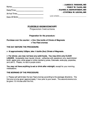 Fillable Online FLEXIBLE SIGMOIDSCOPY Preparation Instructions Fax