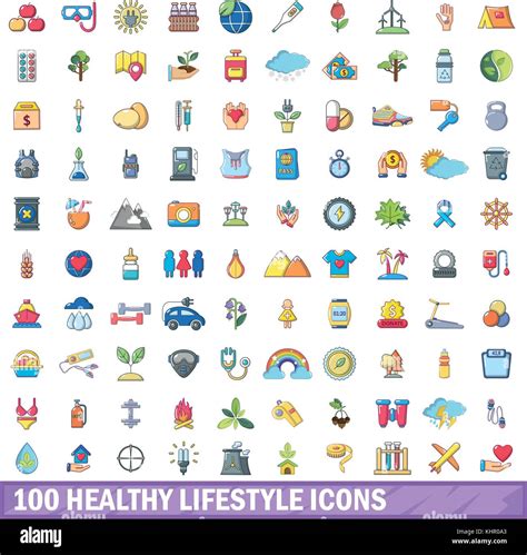 100 Healthy Lifestyle Icons Set Cartoon Style Stock Vector Image Art