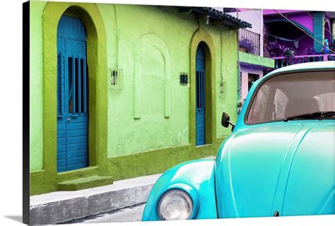 Light Blue Vw Beetle Car And Colorful House Wall Art Canvas Prints