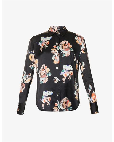 Vince Ikat Floral Print Silk Shirt In Black Lyst