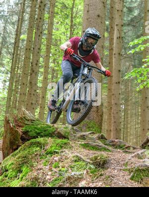 Mountainbike Riders Doing A Courageous Downhill On Forest Trails Stock