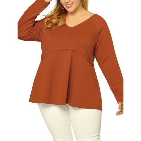 Unique Bargains Womens Plus Size V Neck Long Sleeves Swing Blouse