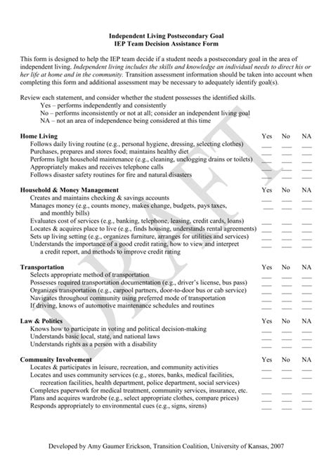 Independent Living Checklist For Iep Teams