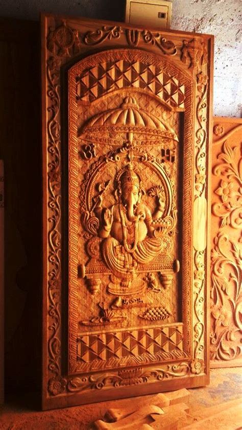 Golden Color Teak Wood Special Hand Carved Lord Ganesha Door Size