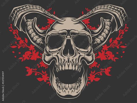 Devil Skull Vector Illustration In Engraving Technique Of Human Skull