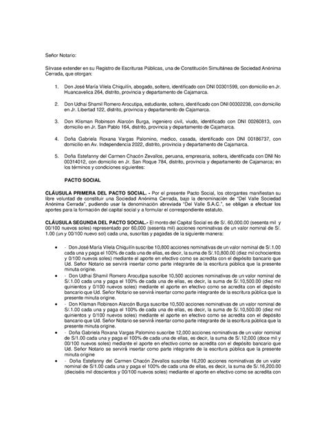 Modelo de acta de constitución Señ or Notario Sí rvase extender en