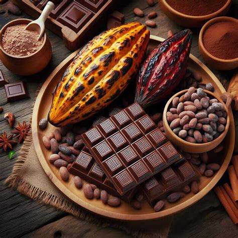 Premium Photo | Cocoa with Cocoa seeds and Chocolate on a wooden plate