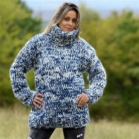 Mega Thick Hand Knitted Pure Wool Sweater Blue Mix Soft Turtleneck