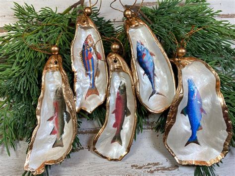 Fish Ornaments Oyster Shell Fish Christmas Ornaments Decoupage