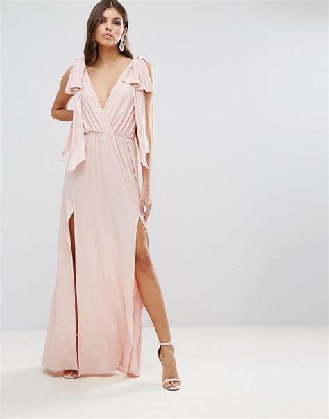 Asos Grecian Bow Tie Shoulder Maxi Dress With Double Splits In Pink Lyst