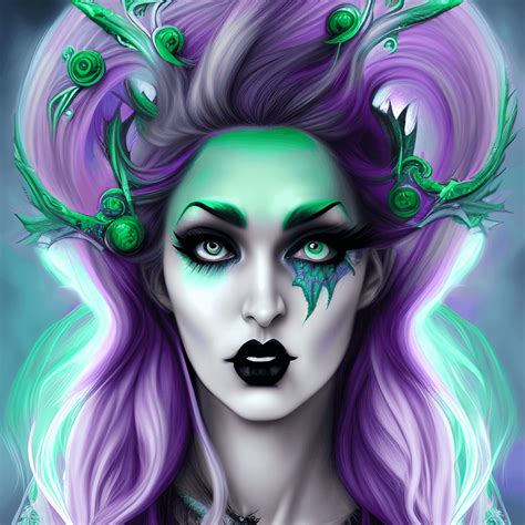 Gothic Druid Witch Dragon Goddess Hyper Realistic Green Hair Purple