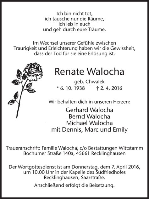 Traueranzeigen Von Renate Walocha Sich Erinnern De