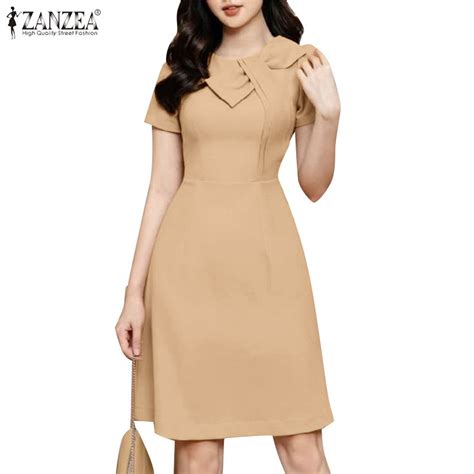 Zanzea Women Korean Daily O Neck Solid Color Short Sleeve A Hem Dresses