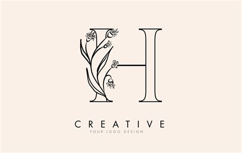 Black Outline H letter logo design with black flowers vector ...