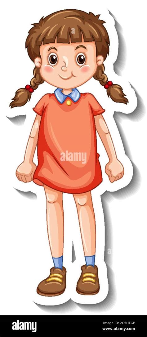 Sticker template with a happy girl in standing position cartoon character isolated illustration ...