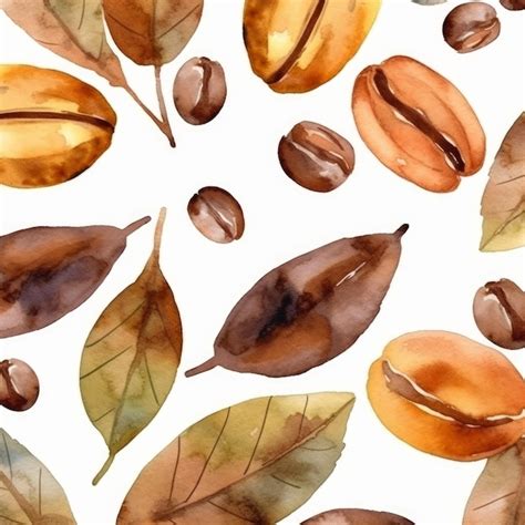 Premium Ai Image Coffee Beans And Leaves Watercolor Pattern Ai Generated