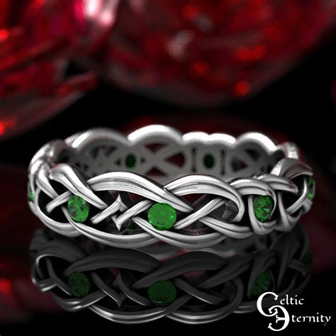 Emerald Knotwork Ring Sterling Celtic Wedding Band Silver Irish