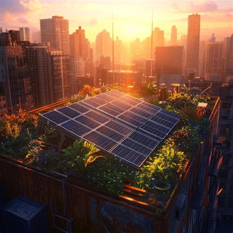 Rooftop Solar Panels And Lush Greenery In A Cityscape At Sunset