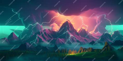 Premium Photo | A painting of a mountain with a purple sky and a lightning bolt in the sky.