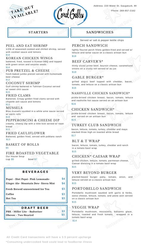 Menu at Coral Gables pub & bar, Saugatuck, 220 Water St