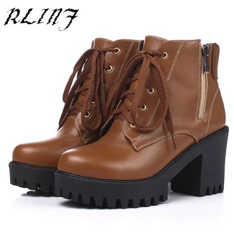 Rlinf Designer Ladies Ankle Boots Thick High Heels Martin Low Boots