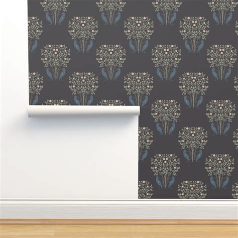 Cfa Voysey Birds And Roses Dark Grey Wallpaper Spoonflower