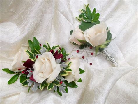 Wrist Corsage Boutonniere Set White Majolika Spray Roses Red Satin