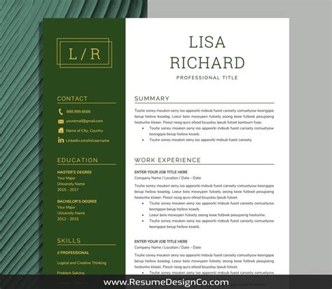 A Green And White Resume Template With An Elegant Pattern On The Front