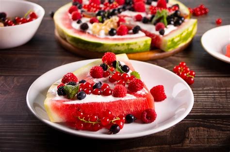 Premium Photo | Colorful summer watermelon piece of cake with whipped ...