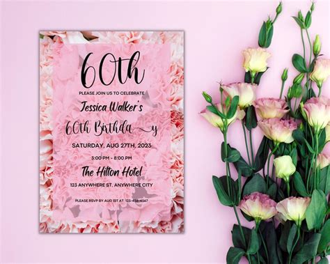 60th Birthday Party Invitation 60th Invitation Sixty Birthday Party Invitation Pink Floral