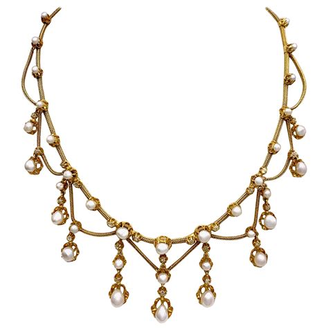 Antique Belle Époque Oriental Pearl Diamond Gold Articulated Necklace