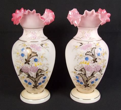 Pair Bristol Glass Vases Pair Of Blown Bristol Glass Vases With Cranberry Rims Footed Vase