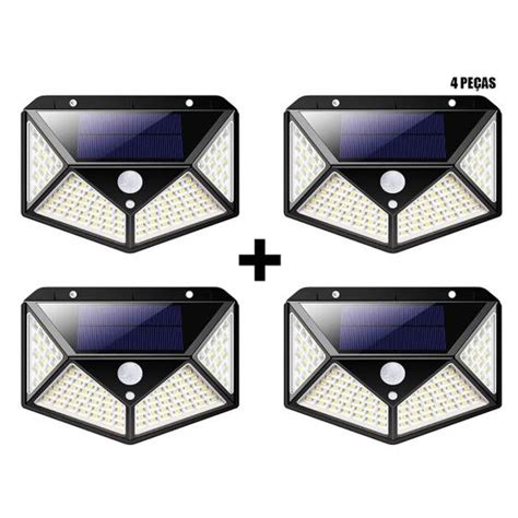 Kit 4 Luminárias Refletor LED Energia Solar 100 LED Sensor Presença Sem