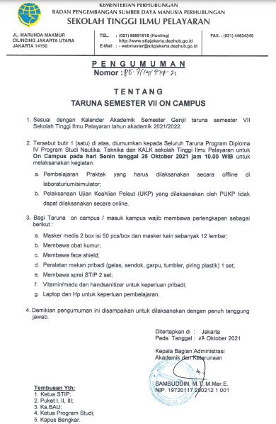 Pengumuman Taruna Semester Vii On Campus Stip Jakarta