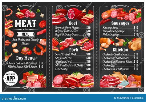 Menu of Grilled Meat Sausages, Beef, Pork, Chicken Stock Vector ...