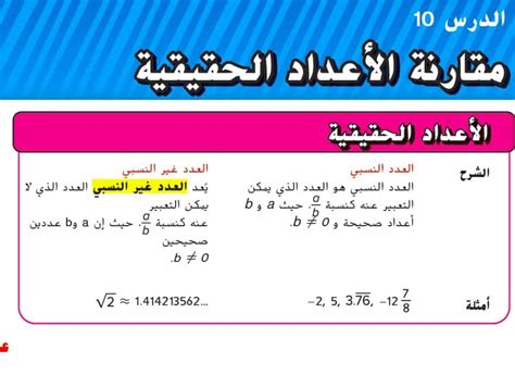 حل درس مقارنة الأعداد الحقيقة الرياضيات المتكاملة الصف الثامن