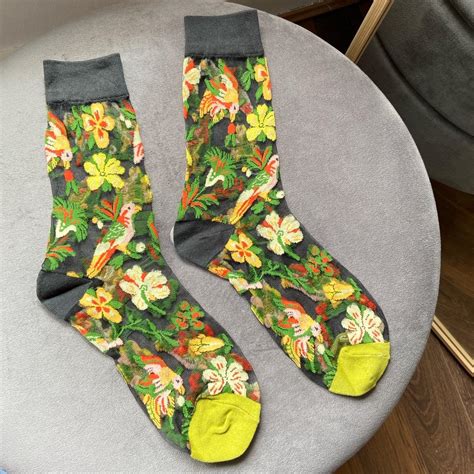 Sheer Black Ankle Socks With Colourful Birds of... - Depop