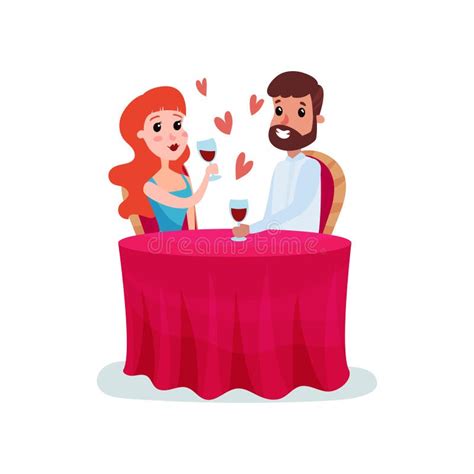 Happy Couple In Love On A Date Man And Woman Sitting At The Table And Having Dinner Cartoon