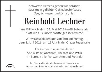 Traueranzeigen Von Reinhold Lechner Trauer Kleinezeitung At