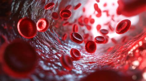 Microscopic view of red blood cells flowing through a blood vessel