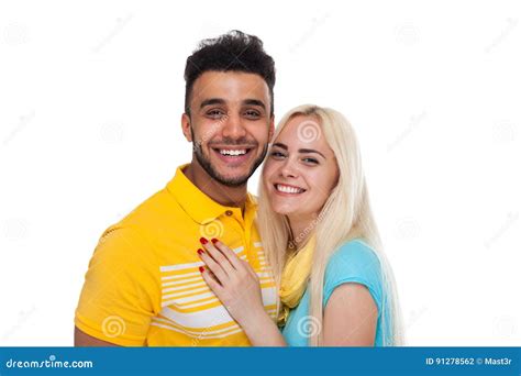 Beautiful Young Happy Couple Love Smiling Embracing Hispanic Man Woman