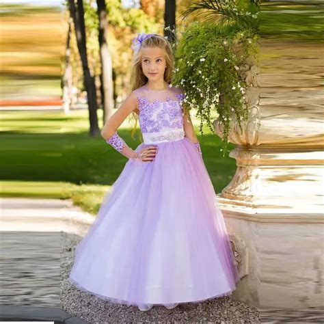 Beautiful A Line Jewel Floor Length Lilac Tulle Appliques Flower Girls