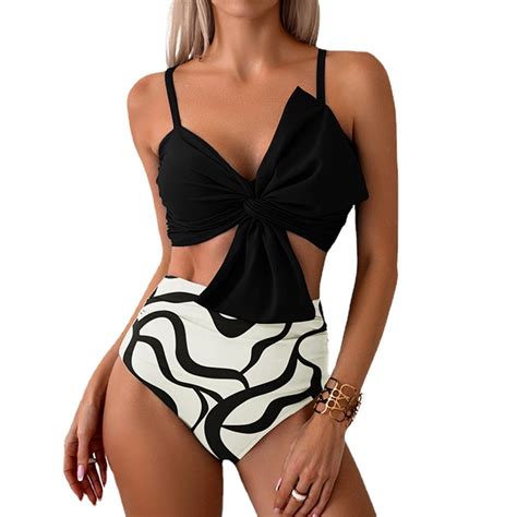 Women S Two Piece Bikini Set Floral Print Knot Bunny Tie High Waisted