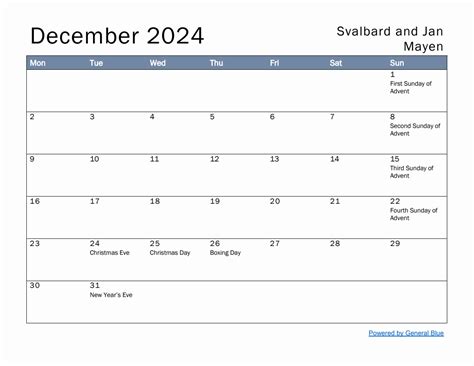 Free Monthly Calendar Template For December With Svalbard And Jan