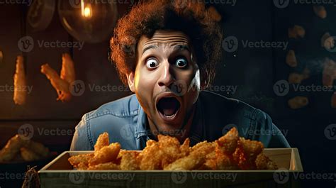 a Surprised expression crate a funny man eating pieces of fried chicken ...