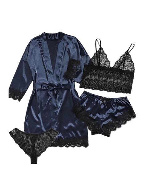 Women S 4 Pieces PJ Set Satin Floral Lace Cami Top Lingerie Pajama Set