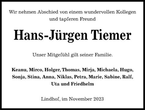 Traueranzeigen Von Hans J Rgen Tiemer Trauer Anzeigen De