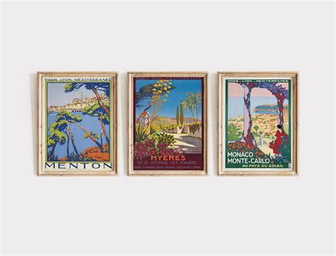 Vintage French Riviera Travel Posters Set Of 3 Wall Art Monaco Monte